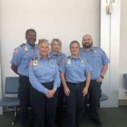 Pictured are Officers Mario O'Neal, Ervonia Stasko, Janet McBrayer, Heather White, and Casey Swindle TSOs with 5 years of service pose for a picture at Tupelo Regional Airport