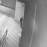 The male finds an unlocked door to a private storage room and enters, closing the door behind him. The male finds an unlocked door to a private storage room and enters, closing the door behind him.